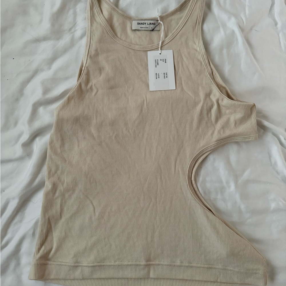 Sandy Liang Beige Ribbed Cutout Tank Top